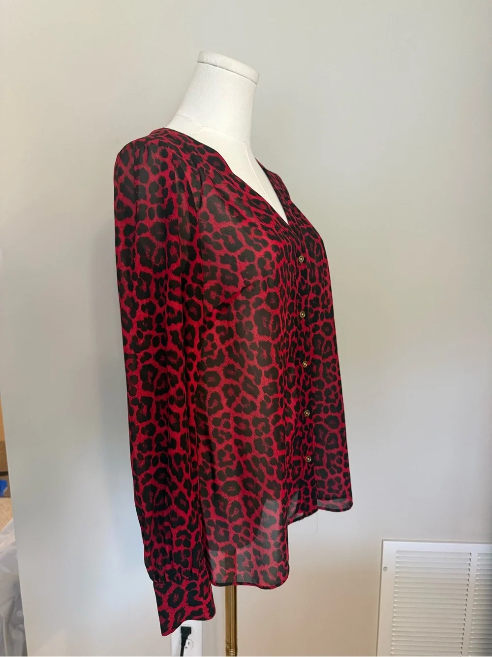Michael Kors Red Black Leopard Print Blouse S Sheer Button Front Animal Print